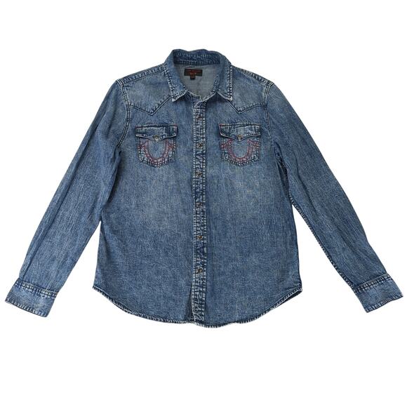 True Religion Blue Denim Casual Button Down Shirt - Picture 1 of 9